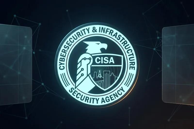 The CISA seal glowing at the centre of a dark navy field with blank monitoring panels and a faint network of connected nodes