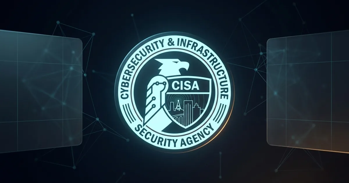 The CISA seal glowing at the centre of a dark navy field with blank monitoring panels and a faint network of connected nodes