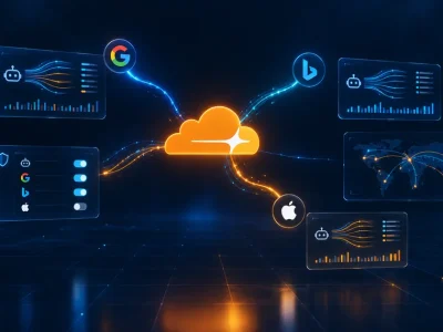 Cloudflare cloud logo at the centre of a dark navy data visualisation, with Google, Bing and Apple crawler marks connected by light paths to consent toggle panels