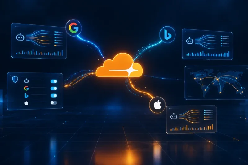 Cloudflare cloud logo at the centre of a dark navy data visualisation, with Google, Bing and Apple crawler marks connected by light paths to consent toggle panels