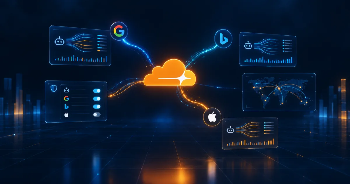 Cloudflare cloud logo at the centre of a dark navy data visualisation, with Google, Bing and Apple crawler marks connected by light paths to consent toggle panels