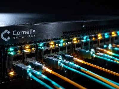 Macro photograph of a Cornelis Networks switch chassis with a dense row of fibre optic transceiver ports lit teal and amber, cables running out of frame