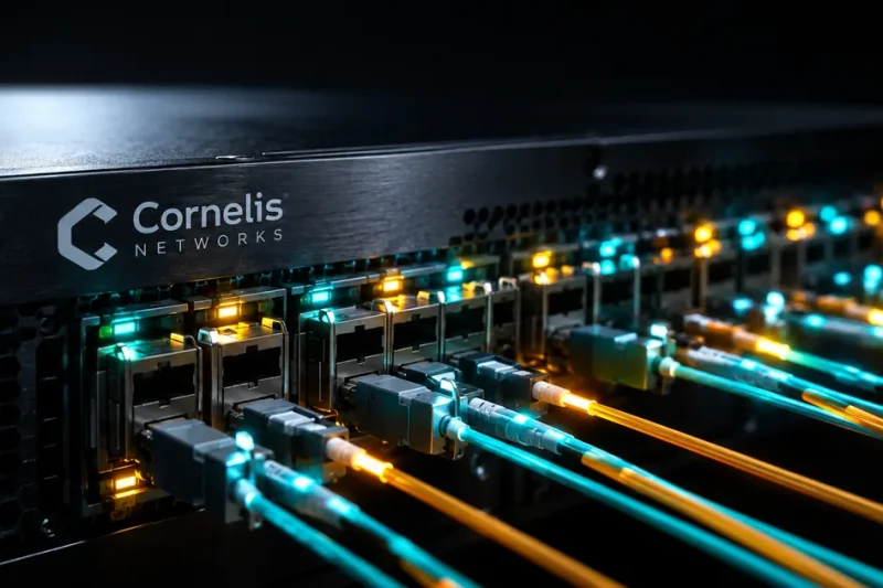 Macro photograph of a Cornelis Networks switch chassis with a dense row of fibre optic transceiver ports lit teal and amber, cables running out of frame