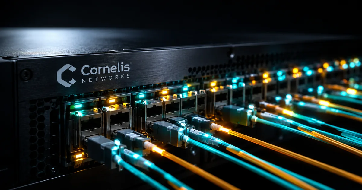 Macro photograph of a Cornelis Networks switch chassis with a dense row of fibre optic transceiver ports lit teal and amber, cables running out of frame