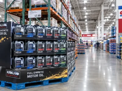 A pallet display stacked with Kirkland Signature full synthetic motor oil jugs in a Costco warehouse aisle beneath a Costco Wholesale sign