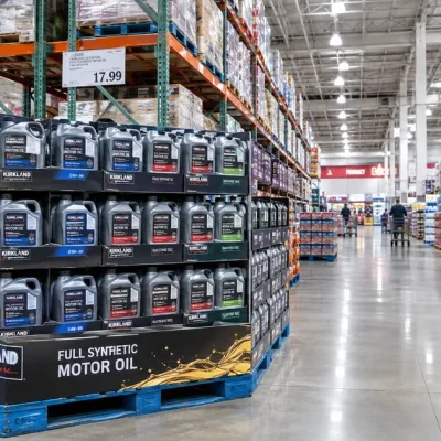 A pallet display stacked with Kirkland Signature full synthetic motor oil jugs in a Costco warehouse aisle beneath a Costco Wholesale sign