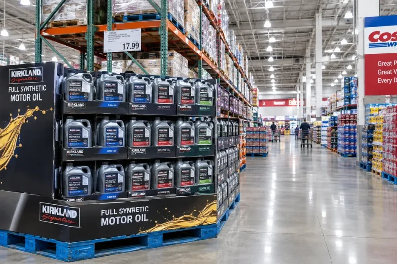 A pallet display stacked with Kirkland Signature full synthetic motor oil jugs in a Costco warehouse aisle beneath a Costco Wholesale sign