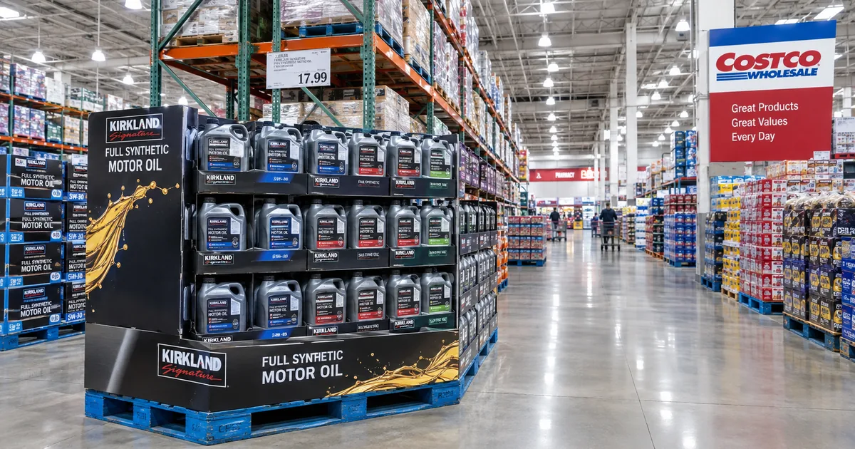 A pallet display stacked with Kirkland Signature full synthetic motor oil jugs in a Costco warehouse aisle beneath a Costco Wholesale sign