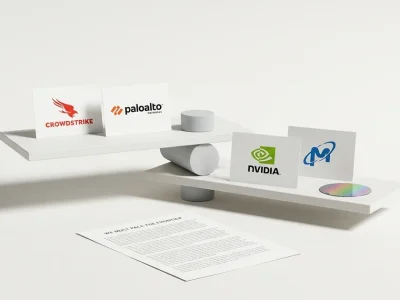 White studio still life: a balance scale with CrowdStrike and Palo Alto Networks logo cards raised and Nvidia and Micron logo cards lowered, beside a printed essay headed We Must Pace the Frontier