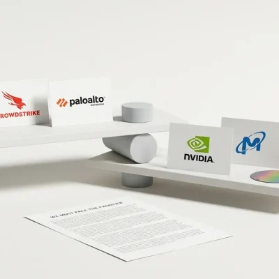 White studio still life: a balance scale with CrowdStrike and Palo Alto Networks logo cards raised and Nvidia and Micron logo cards lowered, beside a printed essay headed We Must Pace the Frontier