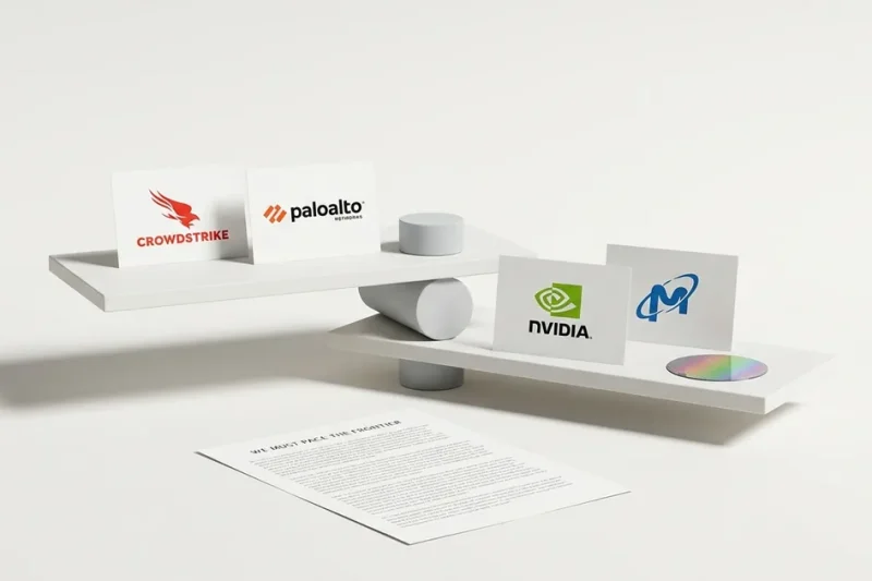 White studio still life: a balance scale with CrowdStrike and Palo Alto Networks logo cards raised and Nvidia and Micron logo cards lowered, beside a printed essay headed We Must Pace the Frontier