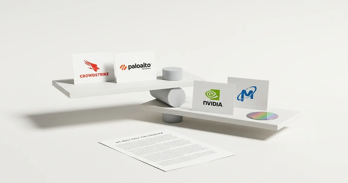 White studio still life: a balance scale with CrowdStrike and Palo Alto Networks logo cards raised and Nvidia and Micron logo cards lowered, beside a printed essay headed We Must Pace the Frontier