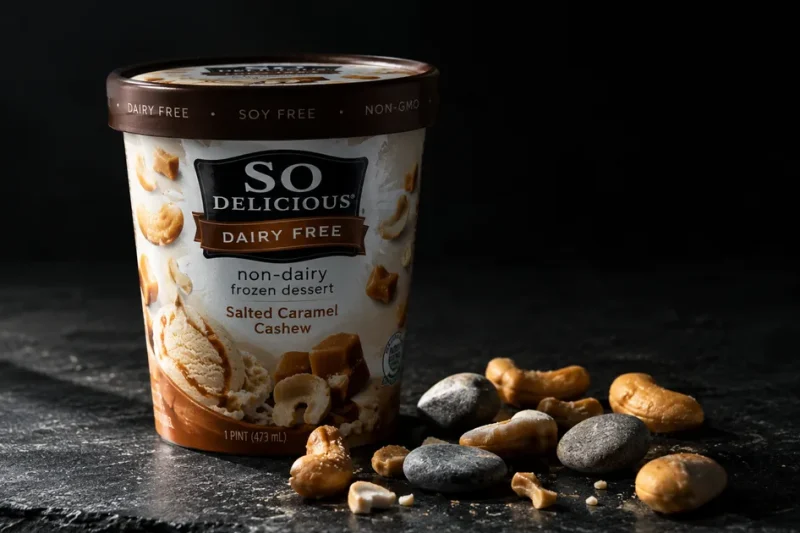 Macro photograph of a So Delicious Dairy Free non-dairy frozen dessert pint on dark slate, with caramel cashew pieces and several small grey stones scattered beside it