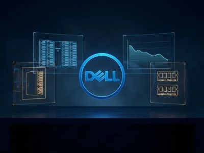 Glowing Dell logo on a dark navy background surrounded by holographic panels showing server racks, a descending line chart and DRAM memory modules