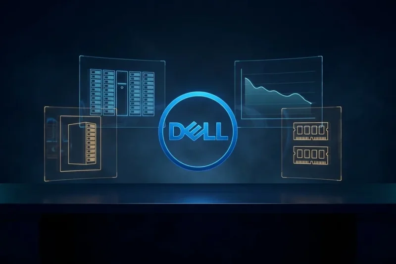 Glowing Dell logo on a dark navy background surrounded by holographic panels showing server racks, a descending line chart and DRAM memory modules