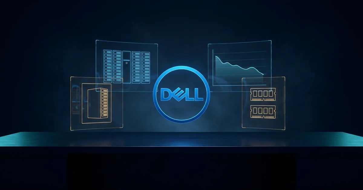 Glowing Dell logo on a dark navy background surrounded by holographic panels showing server racks, a descending line chart and DRAM memory modules