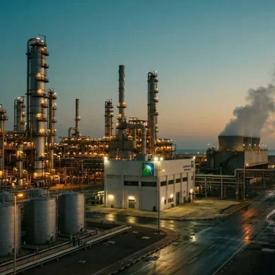 A large coastal oil refinery lit at blue hour, with distillation columns, storage tanks and a Saudi Aramco control building