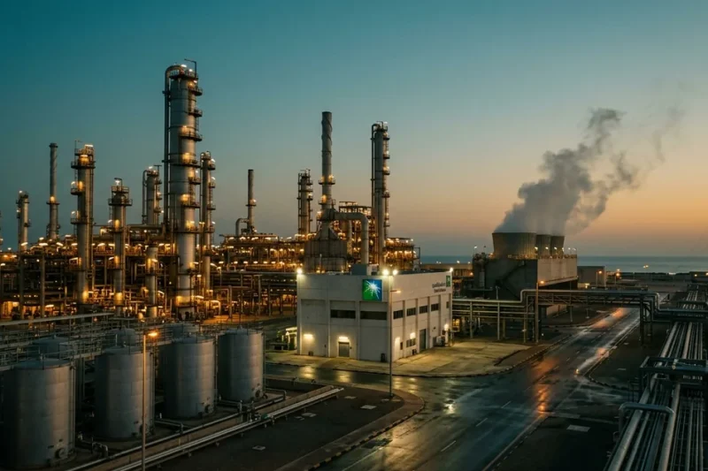 A large coastal oil refinery lit at blue hour, with distillation columns, storage tanks and a Saudi Aramco control building