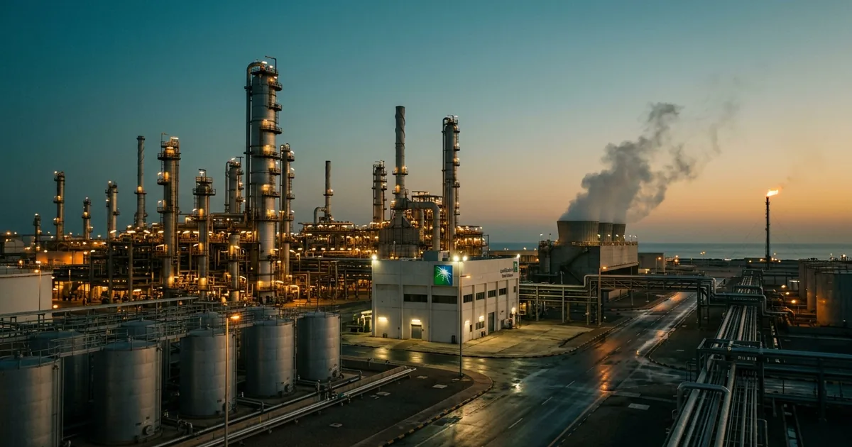 A large coastal oil refinery lit at blue hour, with distillation columns, storage tanks and a Saudi Aramco control building
