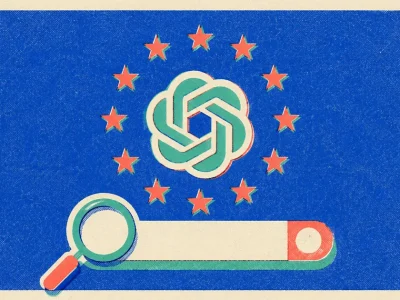 Risograph-style poster showing the OpenAI logo encircled by the twelve stars of the European Union flag above a stylised search bar