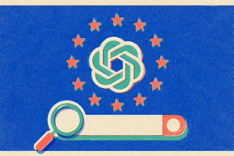 Risograph-style poster showing the OpenAI logo encircled by the twelve stars of the European Union flag above a stylised search bar