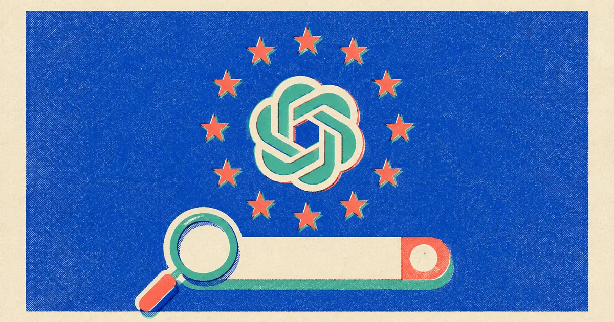 Risograph-style poster showing the OpenAI logo encircled by the twelve stars of the European Union flag above a stylised search bar