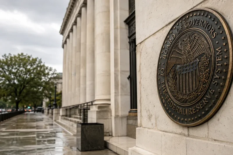 Bronze Board of Governors of the Federal Reserve System seal mounted on the marble wall of the Eccles Building in Washington DC