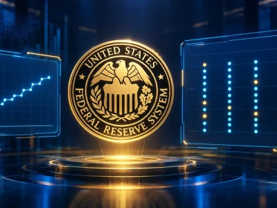 Federal Reserve System seal glowing on a dark navy console beside a dot-plot grid panel in which one dot position is empty, outlined by a dashed ring