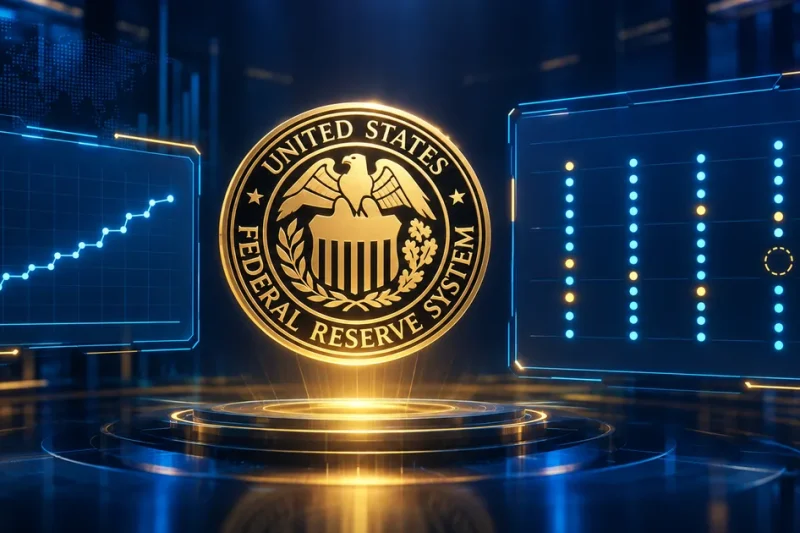 Federal Reserve System seal glowing on a dark navy console beside a dot-plot grid panel in which one dot position is empty, outlined by a dashed ring