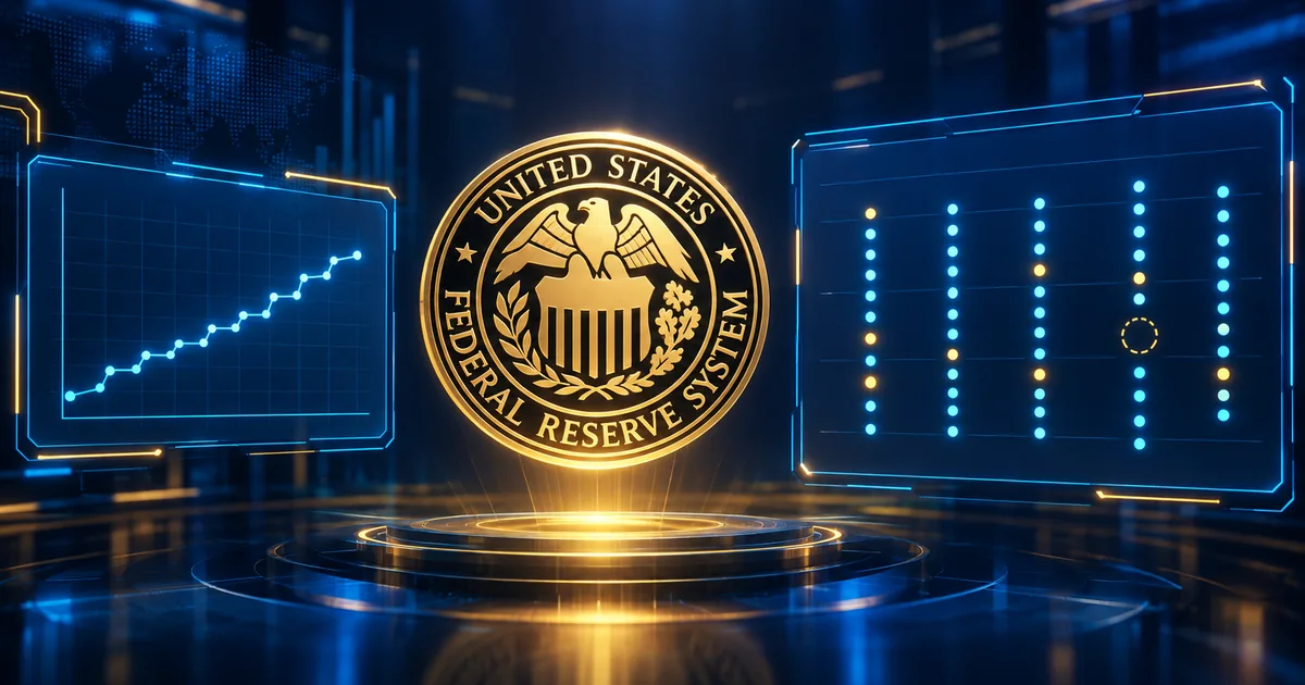 Federal Reserve System seal glowing on a dark navy console beside a dot-plot grid panel in which one dot position is empty, outlined by a dashed ring