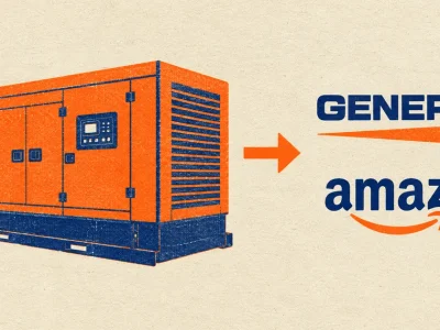 Two-colour risograph poster in orange and navy on cream paper showing an industrial standby generator unit, an arrow, and the Generac and Amazon logos