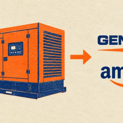 Two-colour risograph poster in orange and navy on cream paper showing an industrial standby generator unit, an arrow, and the Generac and Amazon logos