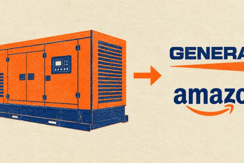 Two-colour risograph poster in orange and navy on cream paper showing an industrial standby generator unit, an arrow, and the Generac and Amazon logos
