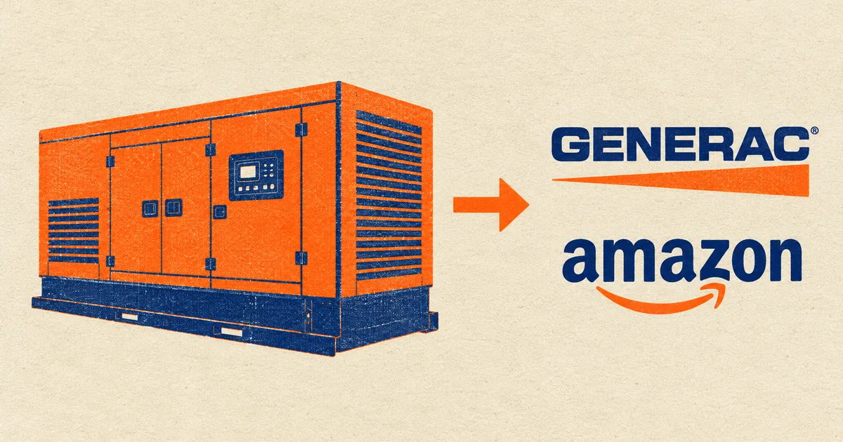 Two-colour risograph poster in orange and navy on cream paper showing an industrial standby generator unit, an arrow, and the Generac and Amazon logos