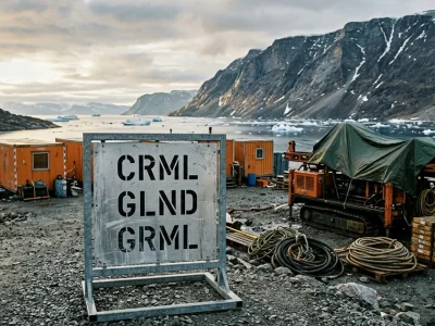 Weathered site signage board stencilled CRML, GLND and GRML at a Greenland exploration camp, with orange site cabins, a tarped drill rig and a fjord carrying pack ice behind