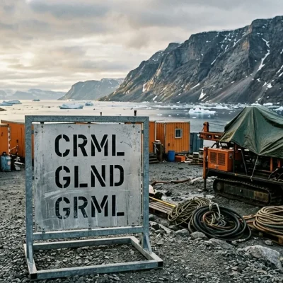 Weathered site signage board stencilled CRML, GLND and GRML at a Greenland exploration camp, with orange site cabins, a tarped drill rig and a fjord carrying pack ice behind