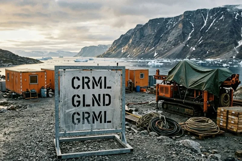 Weathered site signage board stencilled CRML, GLND and GRML at a Greenland exploration camp, with orange site cabins, a tarped drill rig and a fjord carrying pack ice behind