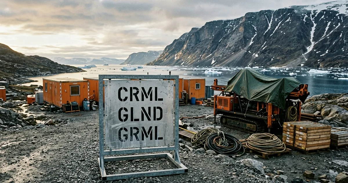 Weathered site signage board stencilled CRML, GLND and GRML at a Greenland exploration camp, with orange site cabins, a tarped drill rig and a fjord carrying pack ice behind