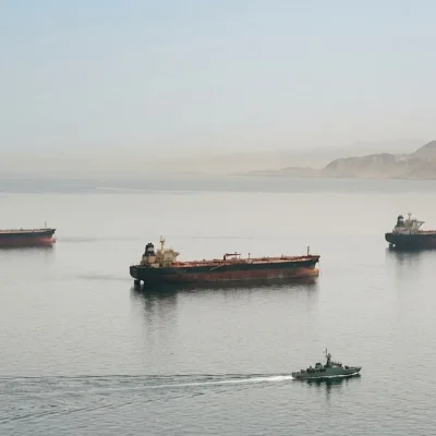 Hazy wide shot of three laden crude oil supertankers sitting at anchor in the Strait of Hormuz while a small naval escort vessel passes in the foreground