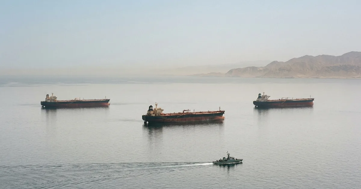 Hazy wide shot of three laden crude oil supertankers sitting at anchor in the Strait of Hormuz while a small naval escort vessel passes in the foreground