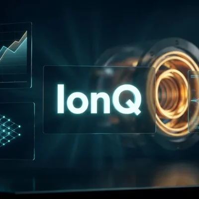 Dark navy heads-up display showing the IonQ logo on a glass panel, flanked by glowing data panels, with a gold ion trap chamber blurred behind