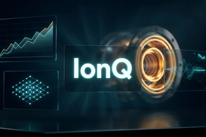 Dark navy heads-up display showing the IonQ logo on a glass panel, flanked by glowing data panels, with a gold ion trap chamber blurred behind
