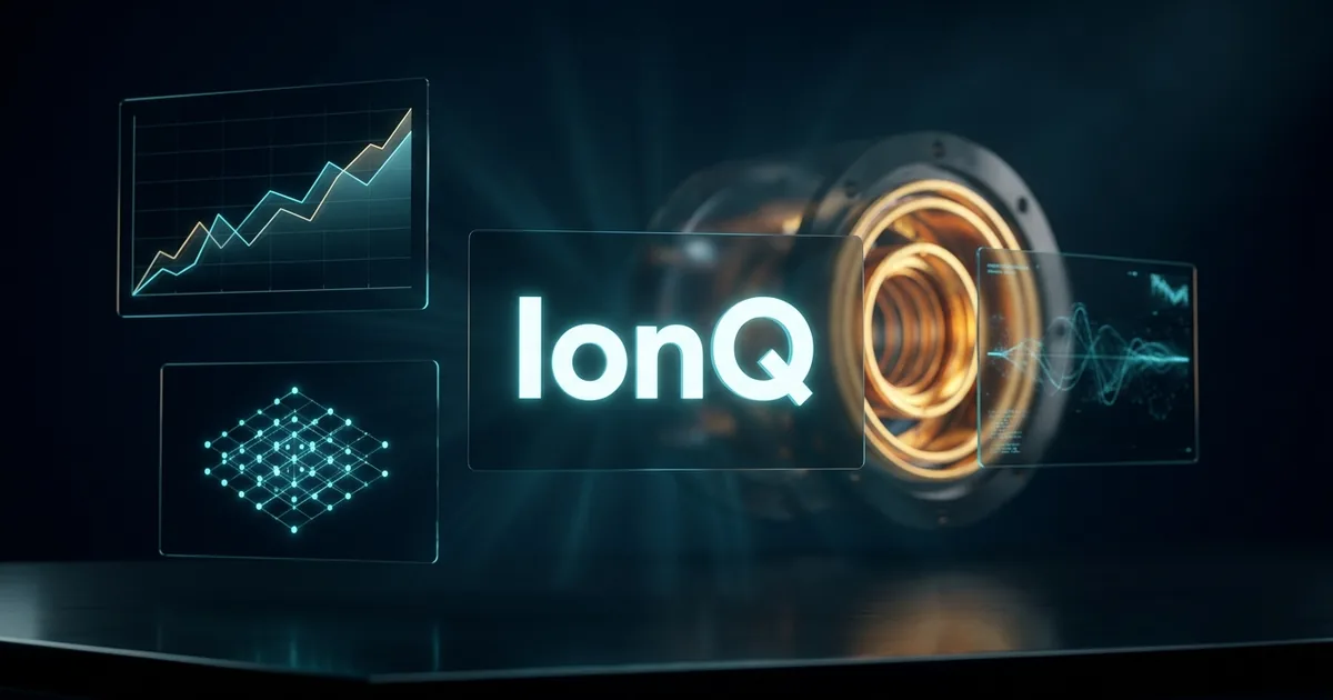 Dark navy heads-up display showing the IonQ logo on a glass panel, flanked by glowing data panels, with a gold ion trap chamber blurred behind