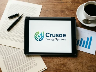 Overhead flatlay on a wooden desk showing contract pages, a fountain pen, coffee and a tablet displaying the Crusoe Energy Systems logo