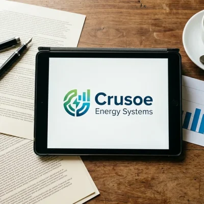 Overhead flatlay on a wooden desk showing contract pages, a fountain pen, coffee and a tablet displaying the Crusoe Energy Systems logo