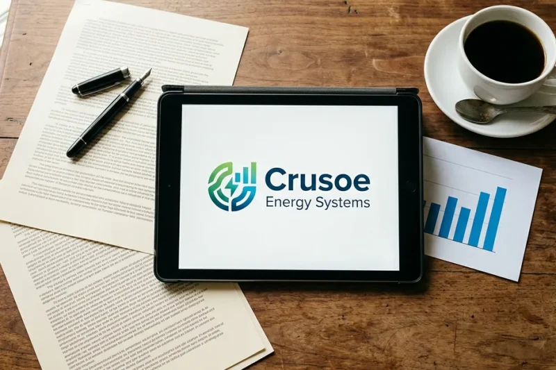 Overhead flatlay on a wooden desk showing contract pages, a fountain pen, coffee and a tablet displaying the Crusoe Energy Systems logo