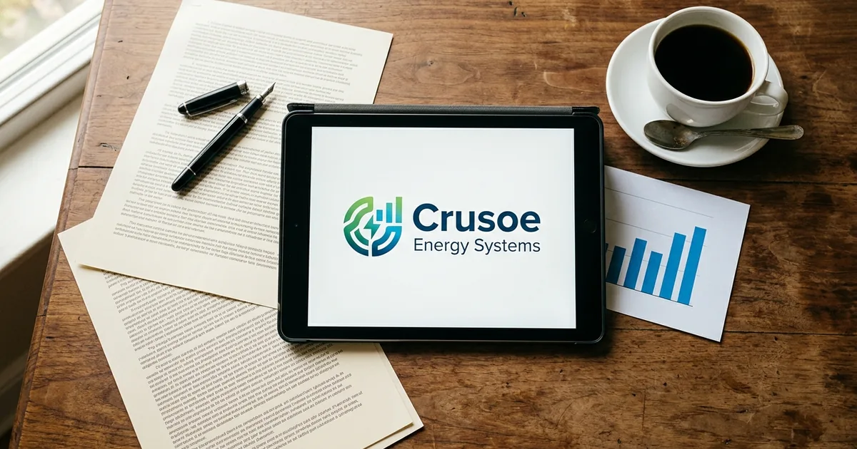 Overhead flatlay on a wooden desk showing contract pages, a fountain pen, coffee and a tablet displaying the Crusoe Energy Systems logo