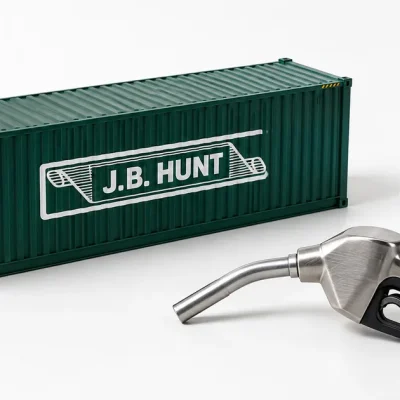 A dark green J.B. Hunt intermodal shipping container model beside a stainless steel diesel fuel nozzle on a white studio backdrop