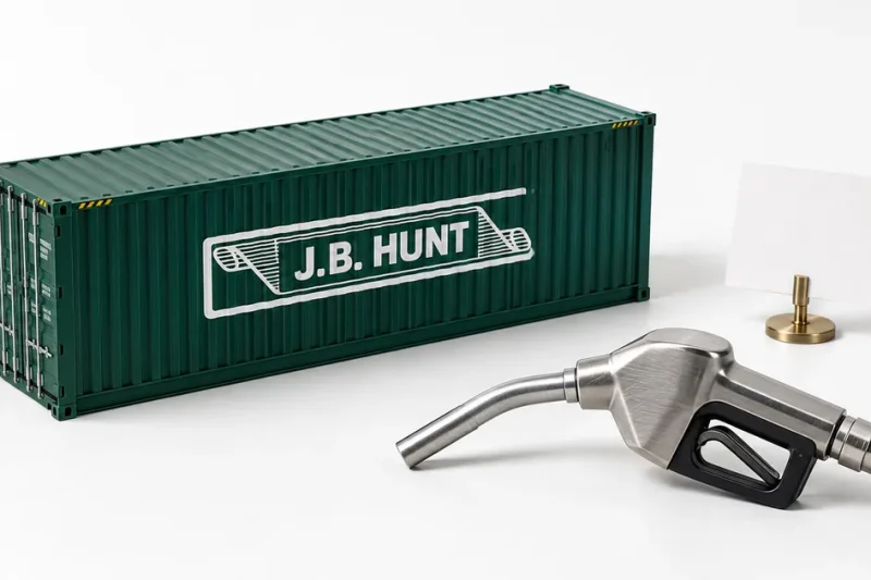 A dark green J.B. Hunt intermodal shipping container model beside a stainless steel diesel fuel nozzle on a white studio backdrop