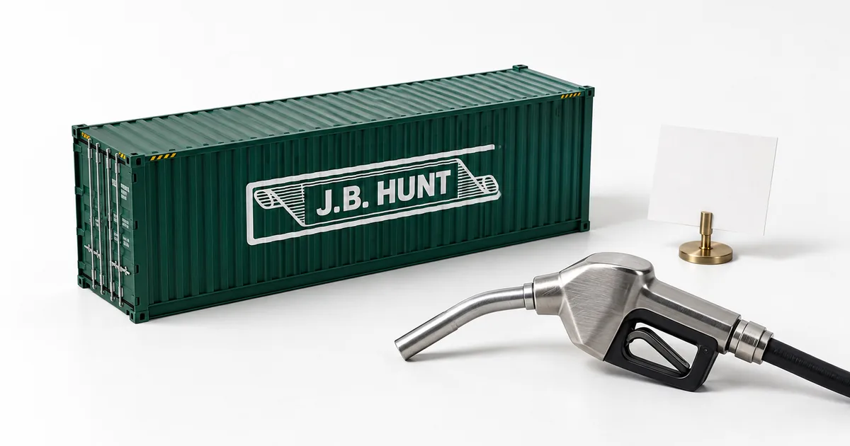 A dark green J.B. Hunt intermodal shipping container model beside a stainless steel diesel fuel nozzle on a white studio backdrop